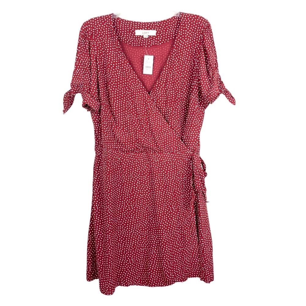 LOFT Ann Taylor Wrap Romper Women’s Sz 14 Maroon Polka Dot Tie Sleeve V-Neck NWT